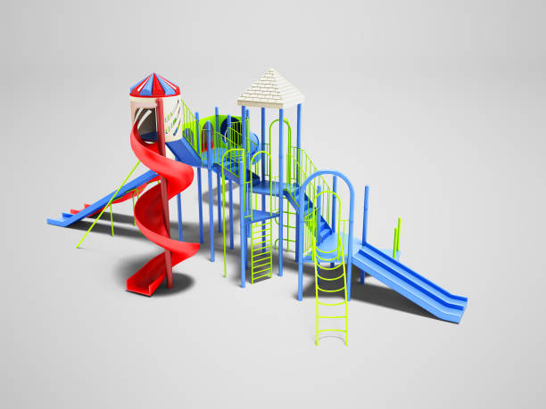 istock Modern for children water attraction four roller coaster on the beach isolated 3d render on gray background with shadow 971630538