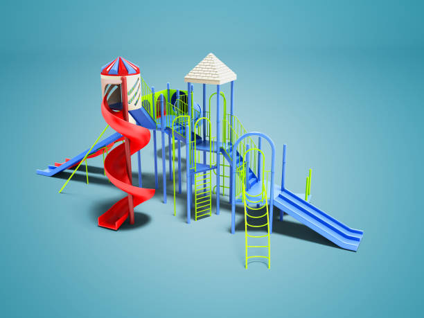 istock Modern for children water attraction four roller coaster on the beach isolated 3d render on blue background with shadow 971632376