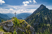 Katzenstein Summit Cross Gipfelkreuz with Lake Traunsee, Austria, European Alps