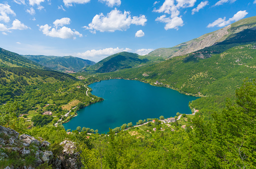 When nature is romantic: the heart - shaped lake on the Apennines mountains, in Abruzzo region, central Italy