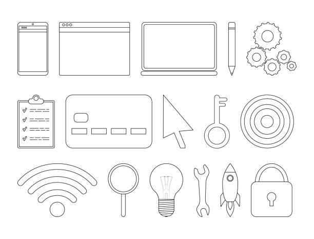 значки тонкой линии, связанные с бизнесом и стартапом - palmtop electronic organizer personal data assistant checklist stock illustrations