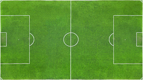 Top view of a green football field as texture, background (16:9 image aspect ratio)