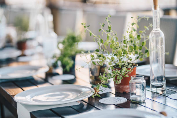 istock Table decoration for a special occasion - white plates and green plants. Eco/nature friendly decoration. 971663014