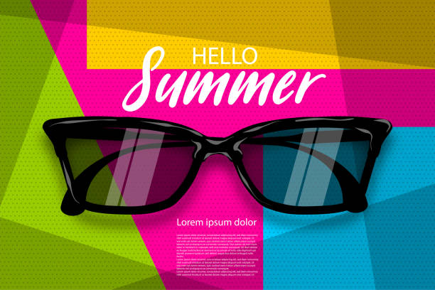 Summer time sunglasses halftone pop art Hello summer time. Vector pop art poster realistic sunglasses. Geometric cube colored background. Vintage retro greeting lettering. Fashion 3d kitsch design. summer background stock illustrations