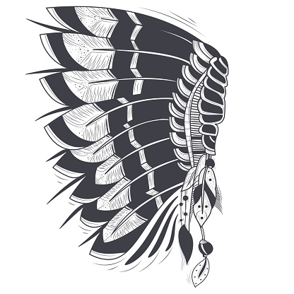 Vector illustration of war bonnet, native traditional headdress of american indians with eagle feathers, isolated on background. Hand drawn black and white artwork, tattoo art, print for t-shirt