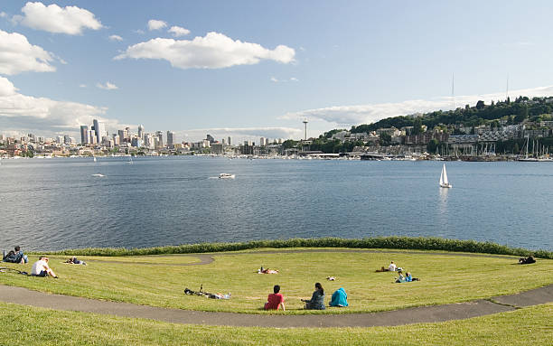 Summer picnic on Lake Union in Seattle stock photo