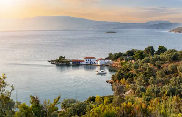 View to the idyllic bay of Tzasteni near the village of Milina in South Pelion, Magnisia, Greece