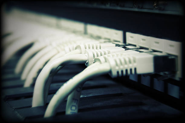 UTP network cables A shot of network cables in Data Center. UTP cables connected to a Patch Panel. Data Network Hardware Concept. RJ45 connectors. broadband isp stock pictures, royalty-free photos & images