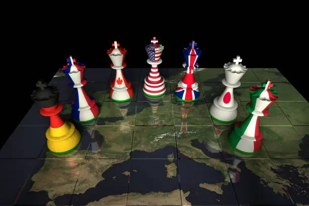 Render of a chessboard made from a satellite view of Europe, with pieces decorated with the flags of the G7 nations: Canada, USA, UK, France, Italy, Germany and Japan.

The Earth map is a public domain image from NASA's Visible Earth project: https://visibleearth.nasa.gov/view.php?id=73884