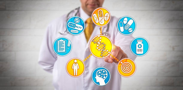 Clinician Delivering Healthcare Via DNA Analysis Unrecognizable clinician targeting the genome sequence of a female patient in order to deliver better healthcare via personalized treatment. Pharma concept for pharmacogenomics, pharmacogenetics. the role of in specific health conditions stock pictures, royalty-free photos & images