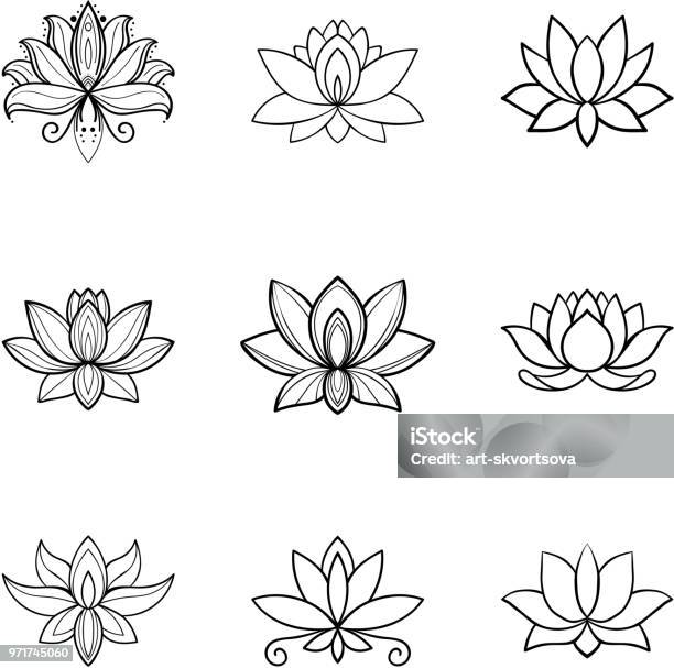 Set Of Lotus Flower Icons Spa Sign Yoga Design Stock Illustration - Download Image Now - Lotus Water Lily, Illustration, Vector