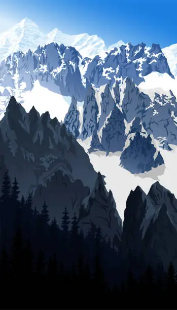 Vector illustration of vector morning Mont Blanc in alps mountain landscape