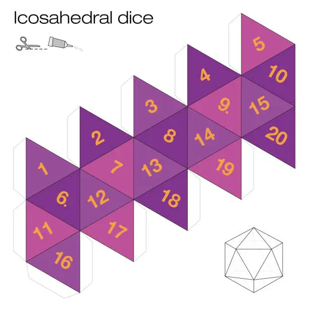 Vector illustration of Icosahedron template, icosahedral dice - one of the five platonic solids - make a 3d item with twenty sides out of the net and play dice. Illustration on white background.