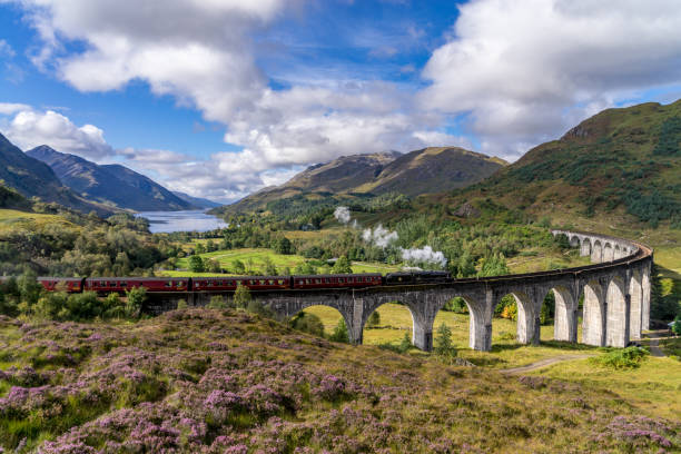 viaducto del famoso tren de glenfinnan en escocia - steam train fotografías e imágenes de stock