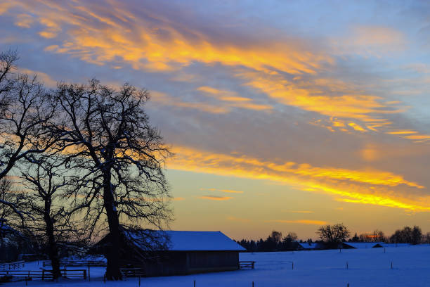 coucher du soleil en hiver sur le champ de neige avec grange - snowpack photos et images de collection