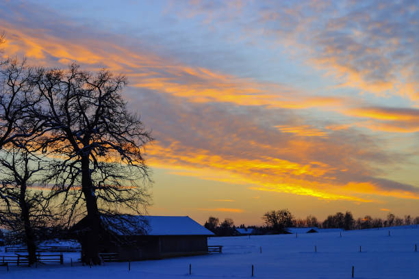 coucher du soleil en hiver sur le champ de neige avec grange - snowpack photos et images de collection