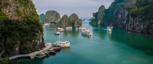 Scenic landscape view of the harbor with cruises in Halong Bay from Surprise Cave (Sung Sot Cave),Vietnam. stock photo