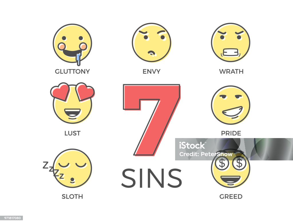 7 deadly sins represented by seven emoticon character expressions. Vector thin line icon illustrations. Colorful outline effect. Wrong negative behaviours according to religion. vector eps10 Seven Deadly Sins stock vector