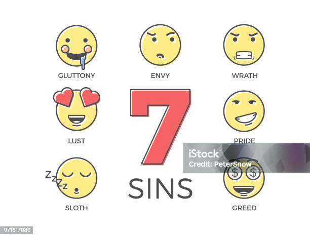 7 Deadly Sins Represented By Seven Emoticon Character Expressions Vector Thin Line Icon Illustrations Colorful Outline Effect Wrong Negative Behaviours According To Religion Stock Illustration - Download Image Now