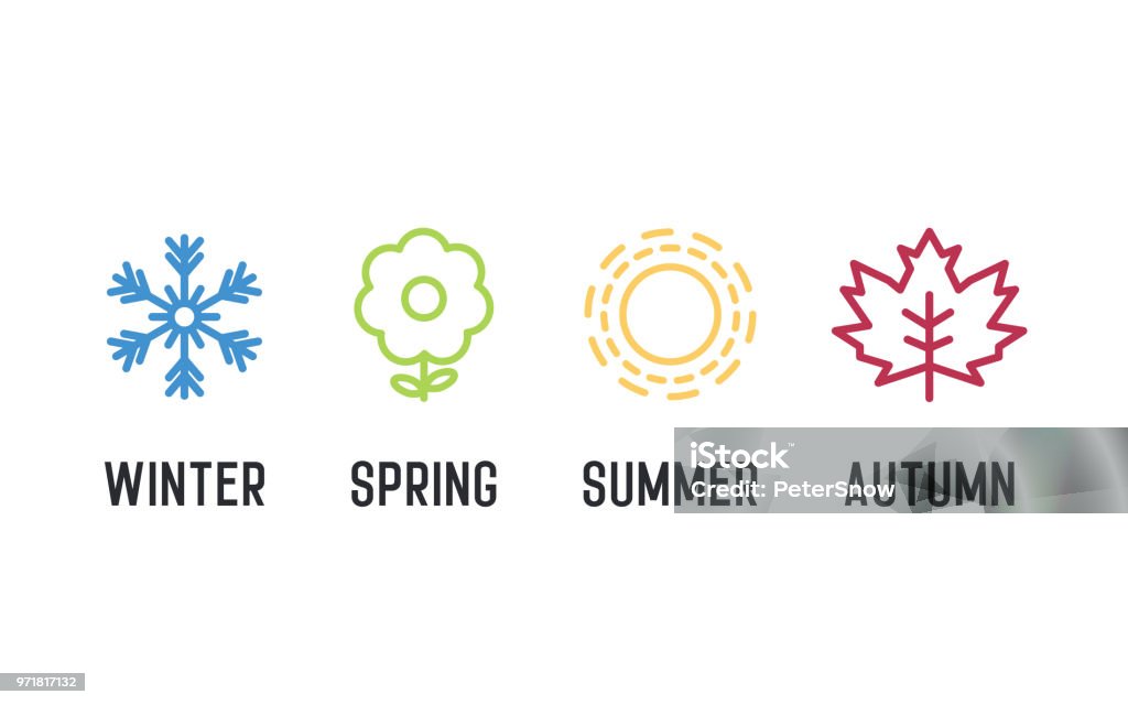 Vier Jahreszeiten-Icon-Set. 4 Grafikelement Vektorgrafiken, Winter, Frühling, Sommer, Herbst darstellt. Schneeflocke, Blume, Sonne und Maple leaf - Lizenzfrei Jahreszeit Vektorgrafik