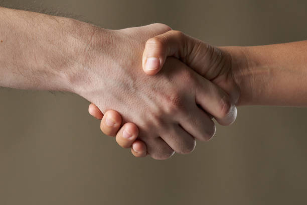 Dramatic handshake theme Dramatic handshake theme. People shake hands after conflict isolated on brown background casual handshake stock pictures, royalty-free photos & images