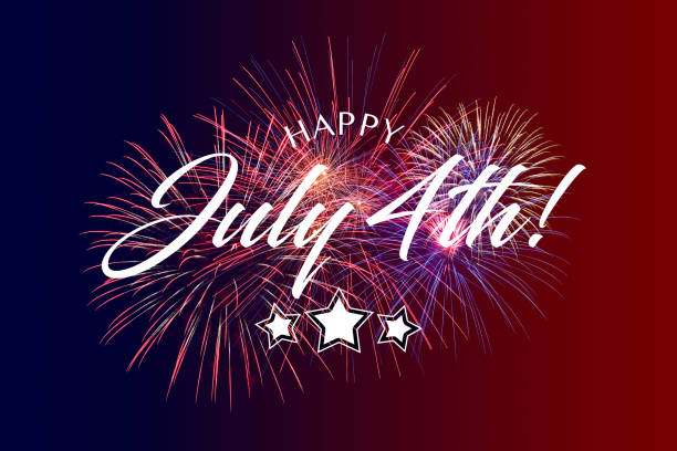 Happy July 4th Greeting with red and blue background Happy JUly 4th greeting with red and blue background with fireworks circa 4th century stock pictures, royalty-free photos & images