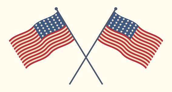 Two United States crossed flags patriotic illustration. American Independence day design elements. Stars and stripes isolated over white.