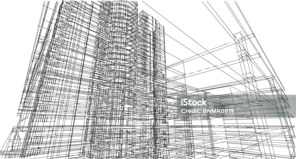 Abstract 3D building wireframe structure. Illustration construction graphic idea , Architectural sketch idea. Computer-Aided Design Stock Photo