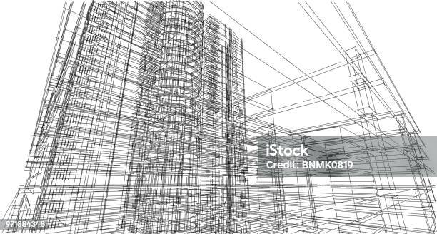 Abstract 3d Building Wireframe Structure Illustration Construction Graphic Idea Architectural Sketch Idea Stock Photo - Download Image Now