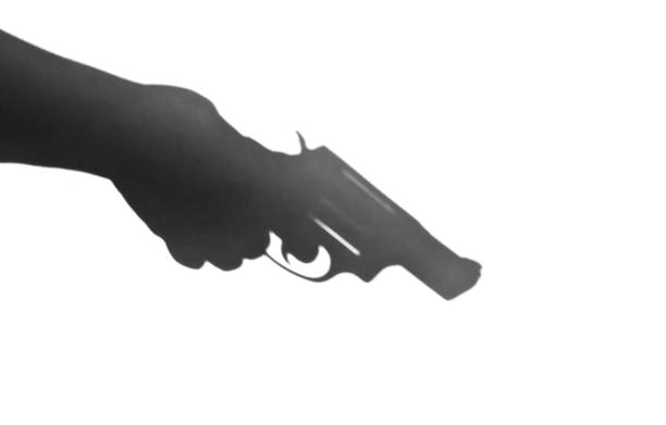 A shadow of a revolver being held with a white background