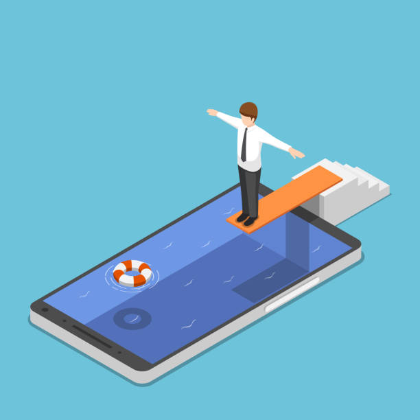 Isometric businessman on springboard ready to jump in the smartphone pool Flat 3d isometric businessman on springboard ready to jump in the smartphone pool. Smartphone addiction concept. diving into pool stock illustrations