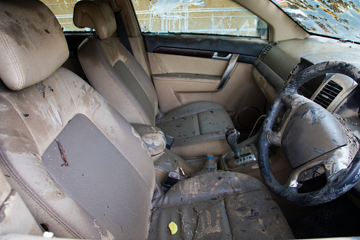 Inside water damaged car in the aftermath of water flooded in bangkok thailand.18 October 2017