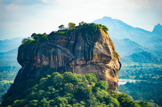 vista spettacolare della roccia del leone circondata da una vegetazione verde e ricca. foto scattata da pidurangala rock a sigiriya, sri lanka. - buddhism sigiriya old famous place foto e immagini stock