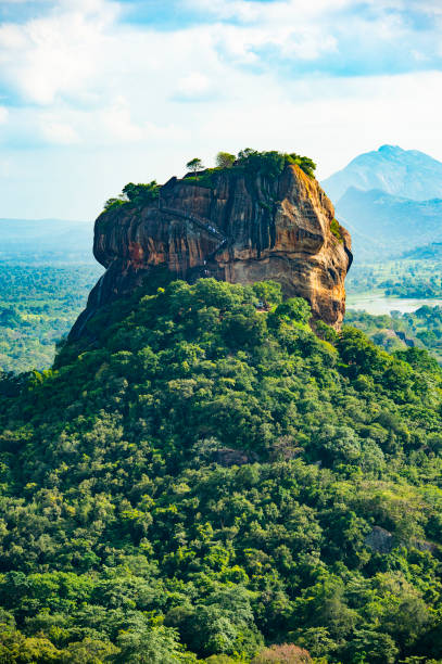 spectacular view of the lion rock surrounded by green rich vegetation. picture taken from pidurangala rock in sigiriya, sri lanka. - buddhism sigiriya old famous place imagens e fotografias de stock