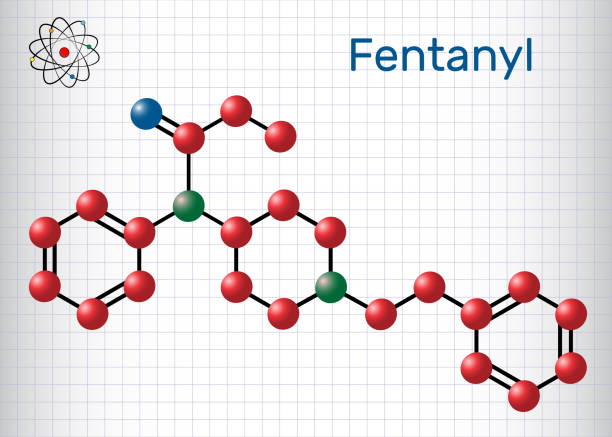 ilustraciones, imágenes clip art, dibujos animados e iconos de stock de molécula de fentanilo. es un analgésico opioide. modelo químico fórmula y la molécula estructural. hoja de papel en una jaula - fentanyl