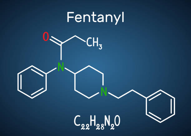 Fentanyl molecule. It is opioid analgesic. Structural chemical formula and molecule model on the dark blue background Fentanyl molecule. It is opioid analgesic. Structural chemical formula and molecule model on the dark blue background. Vector illustration fentanyl stock illustrations