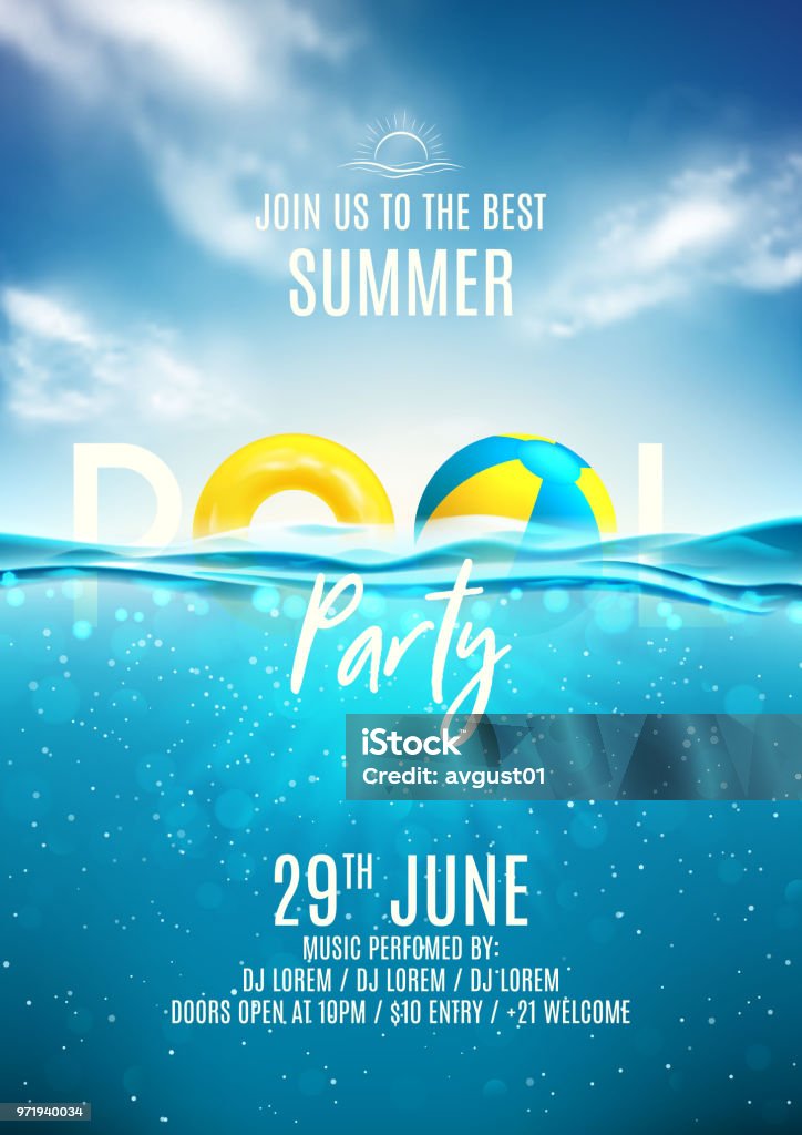 Summer pool party poster template Summer pool party poster template. Vector illustration with deep underwater ocean scene. Background with realistic clouds and marine horizon. Invitation to nightclub. Summer stock vector