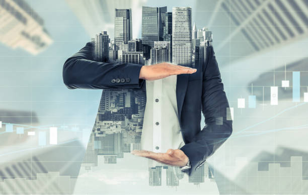 istock Surreal businessman open hand for your text. 971949470