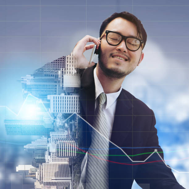 istock Double exposure businessman using mobile phone. 971949498
