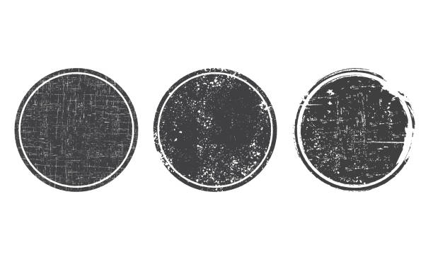 Stamp Set of grunge round black post stamps. Blank vector shapes with distress textures distraught stock illustrations