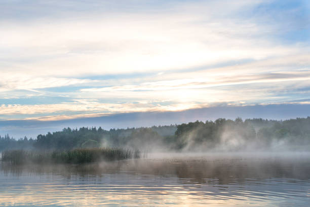 istock Sunrise over the river and forest. 971955264