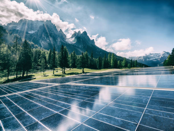 Solar cell panel in country mountain landscape.