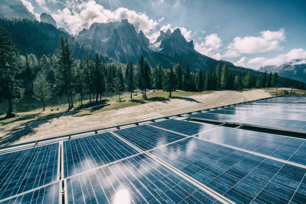 istock Solar cell panel in country mountain landscape. 971955738