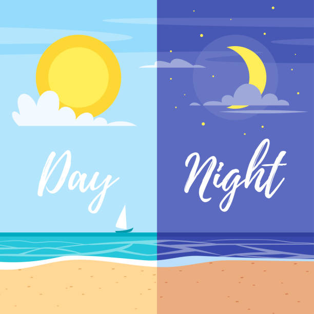 Day and night summer beach Day and night summer beach vector cartoon illustrations or banners. Sun and Moon. day and night stock illustrations