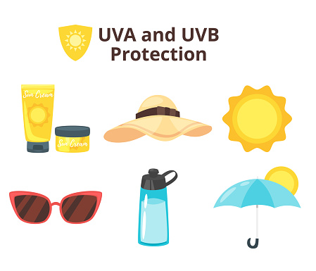 Vector cartoon style set of uv protection icons: cream, hat and sun glasses. Isolated on white background.