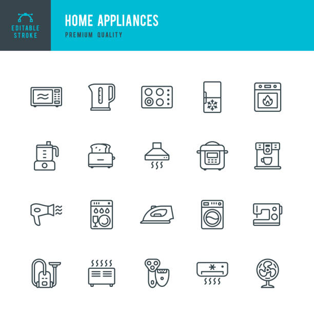 ilustraciones, imágenes clip art, dibujos animados e iconos de stock de electrodomésticos - conjunto de iconos de vector línea - small appliance