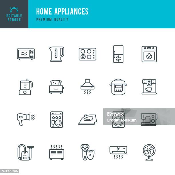 Home Appliances Set Of Vector Line Icons - Arte vetorial de stock e mais imagens de Ícone - Ícone, Eletrodoméstico, Micro-ondas