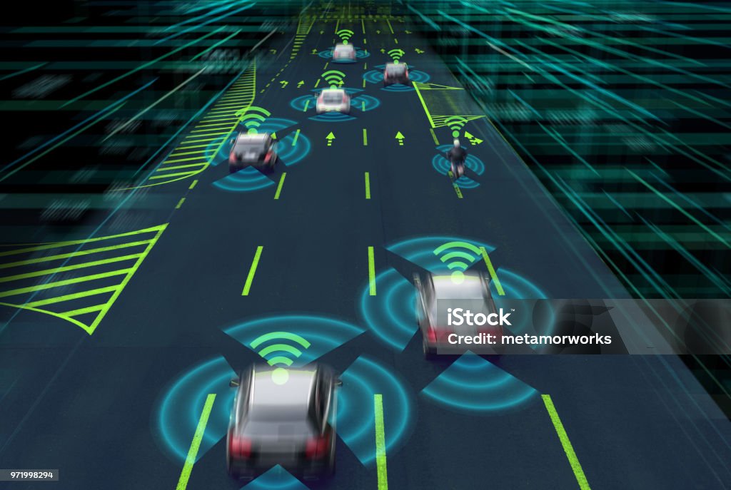 Sensing system and wireless communication network of vehicle. Autonomous car. Driverless car. Self driving vehicle. Car Stock Photo