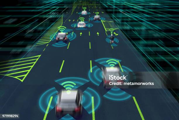 Sensing System And Wireless Communication Network Of Vehicle Autonomous Car Driverless Car Self Driving Vehicle Stock Photo - Download Image Now