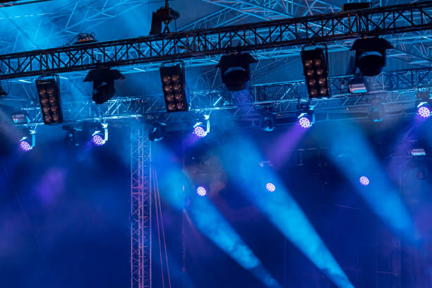 istock spotlights over concert stage. bright blue lights 972004018